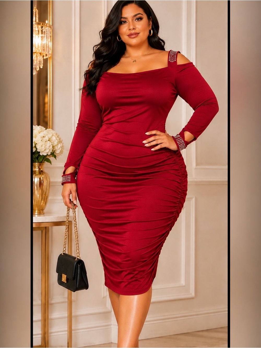 Sz XL XL Red Ruched Cold-Shoulder Bodycon Midi Dress with Rhinestone Accents